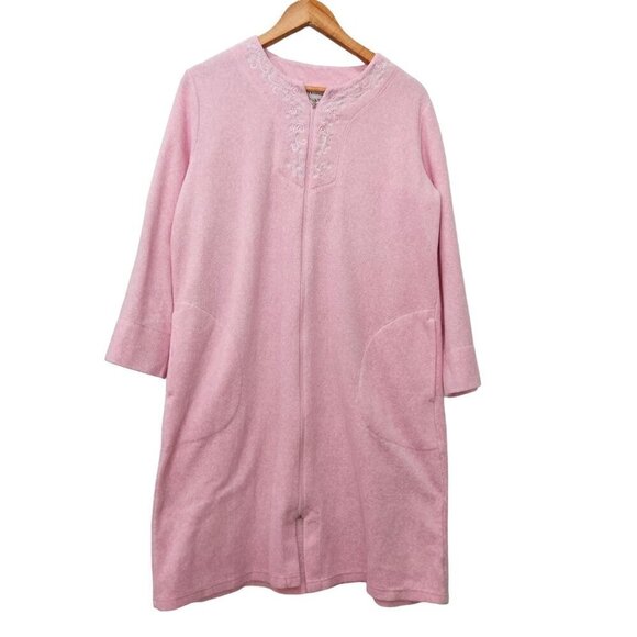 Miss Elaine Pink Zip-Front Robe With Pockets & Embroidered Detail Size Small - Picture 1 of 8